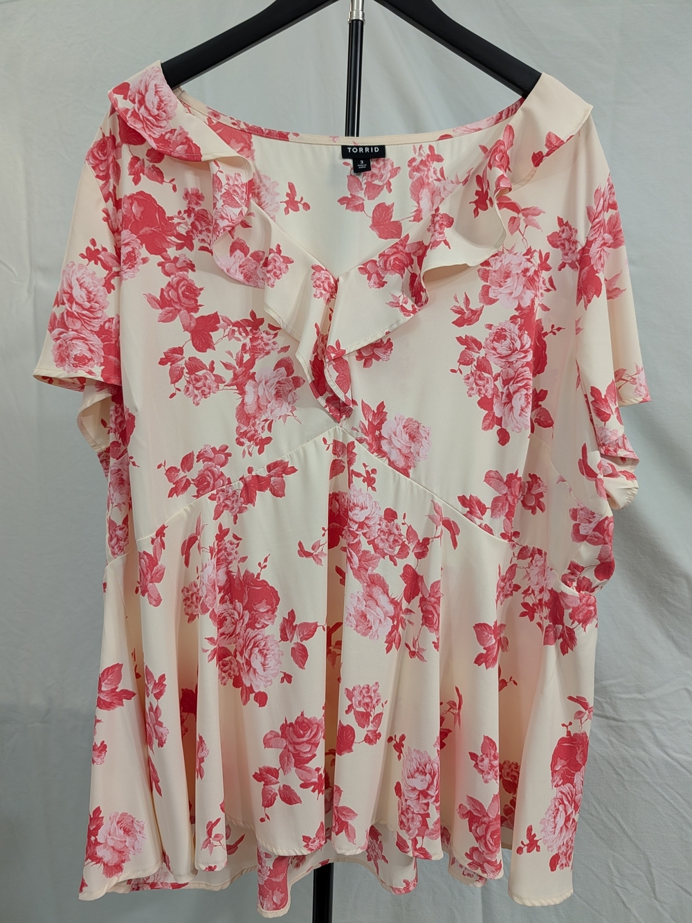 torrid Cream Blouse with Coral-Pink Floral Print and Ruffle V-Neck